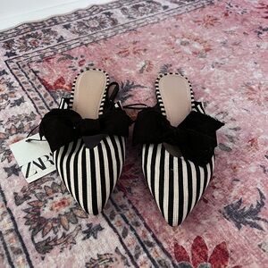 Zara Black and White Striped Mules with Bow